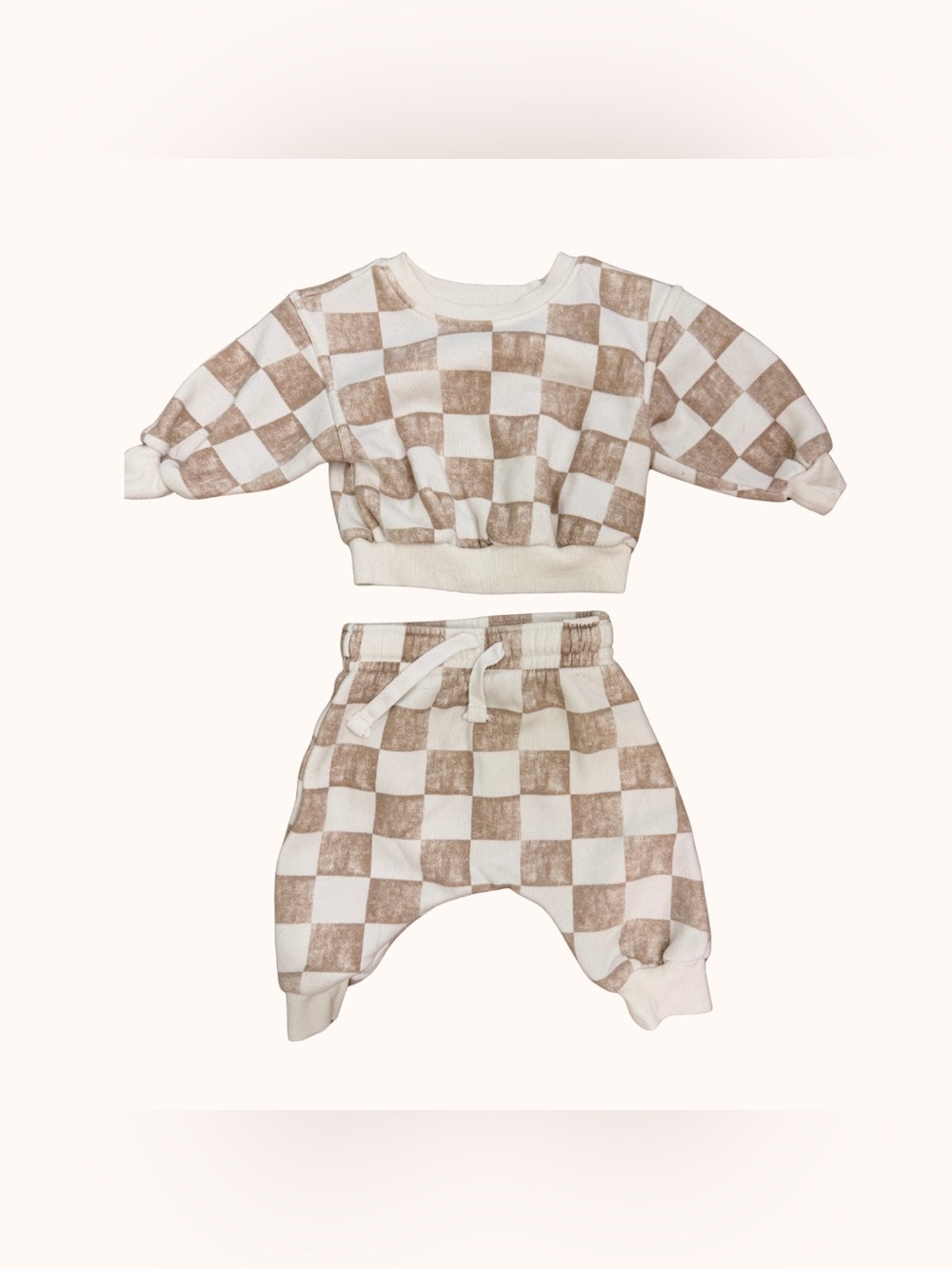 Beige Checkerboard Kids Matching Sweat Set - Cozy Neutral Two-Piece